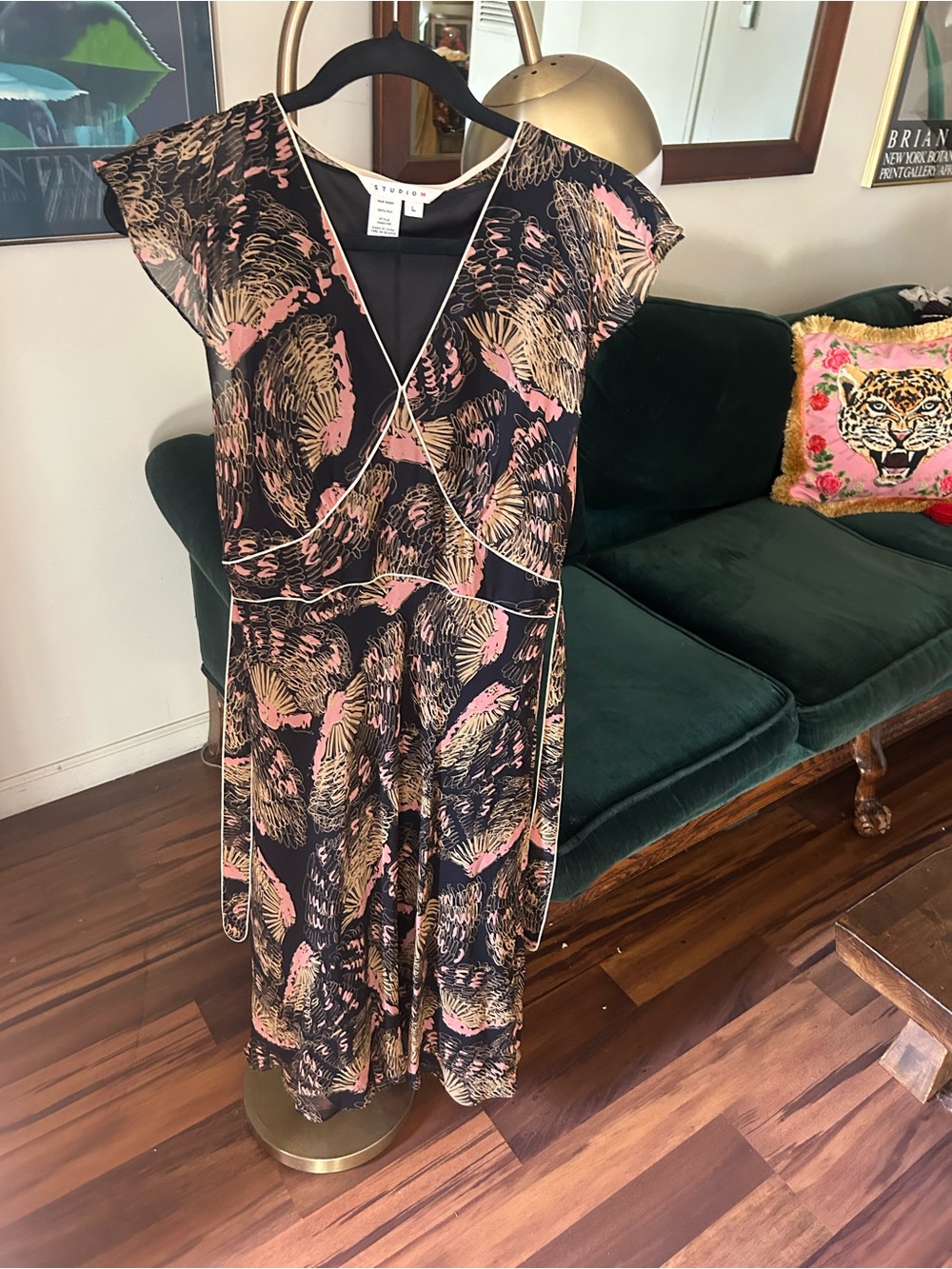 Max Studio Black Midi Dress with Pink & Gold Botanical Print
